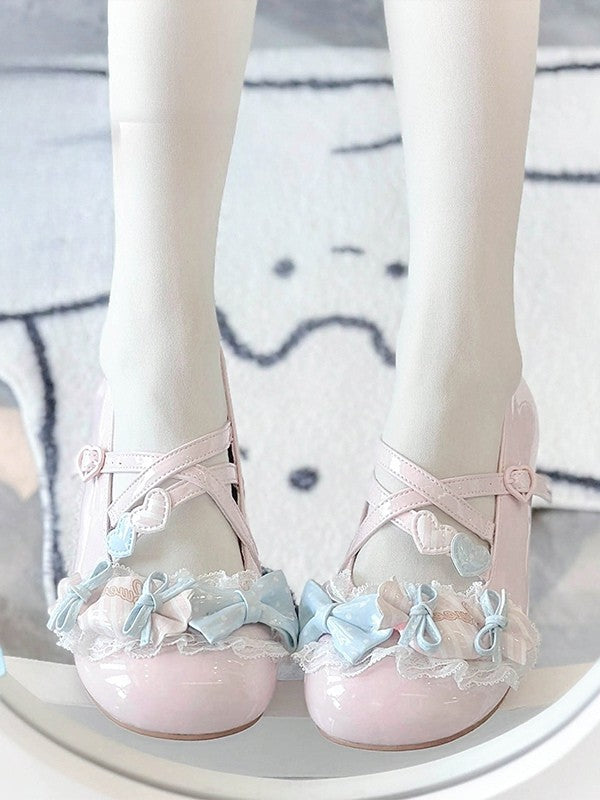 Bow Janes Candy Lolita PU Style Low - Pink Heel Mary Akzente mit Schuhen