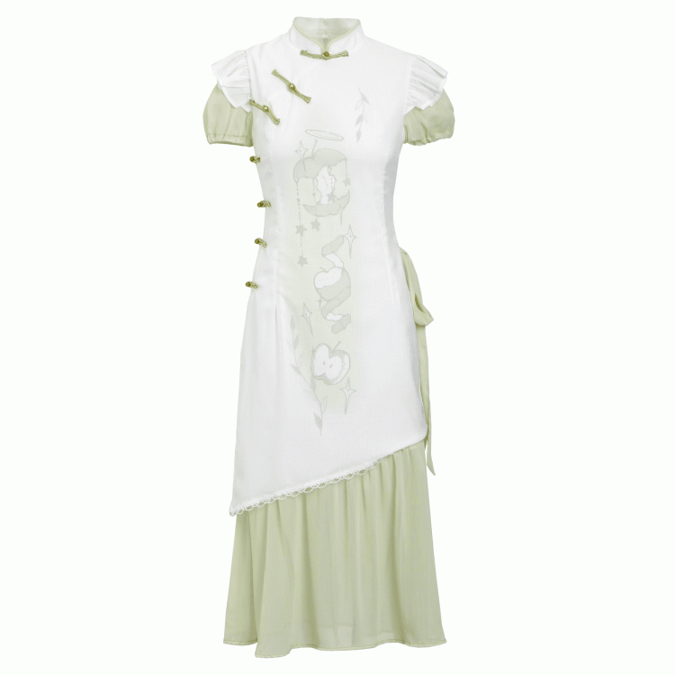 Banded Dress Qipao Collar Apple Print Cheongsam Style Buttons Green Knot