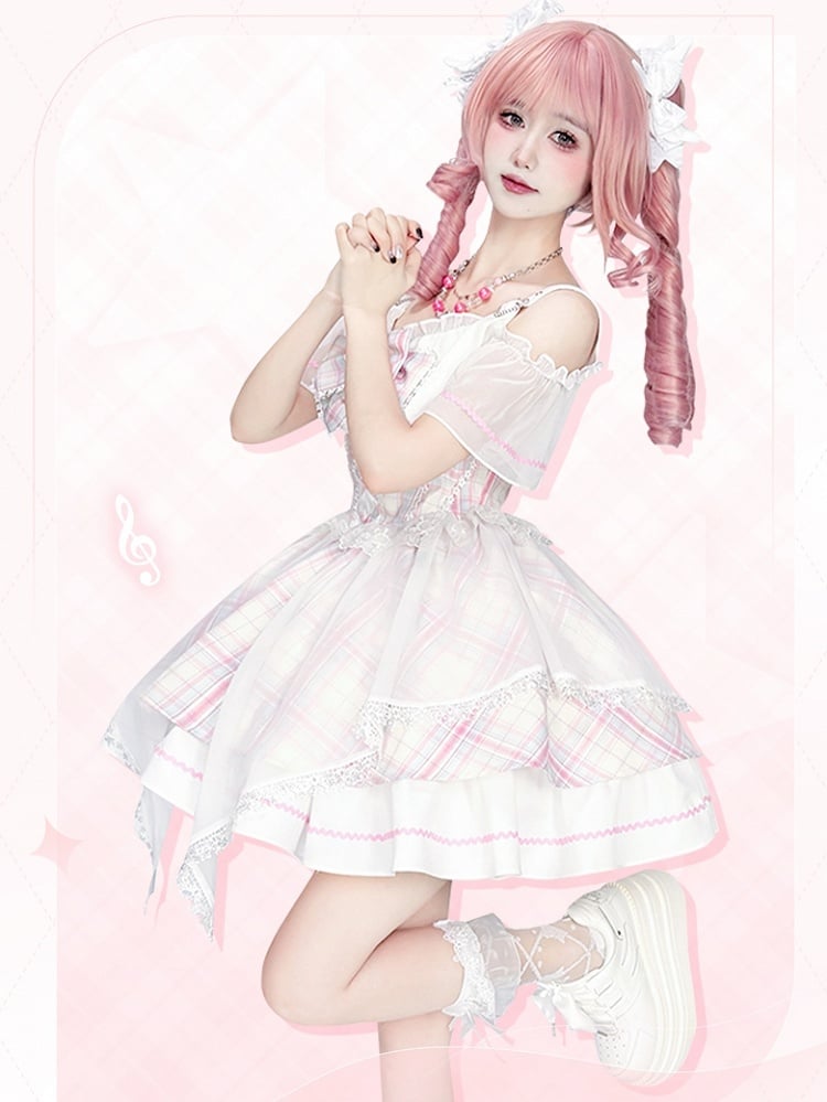 Süßer, schulterfreier Lolita-Pullover mit Idol-Ausschnitt und rosa Karomuster