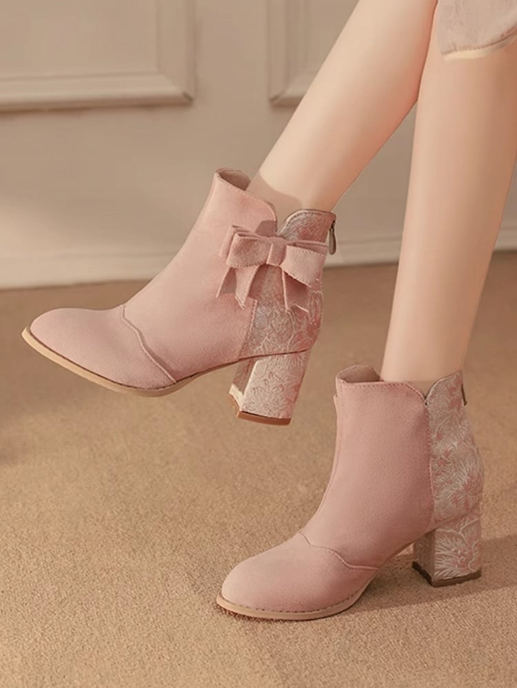 Absatzversion Normal/Dicke Lolita mit Schleife Stiefel Qi Block Akzent Satin Kombination und Wildleder