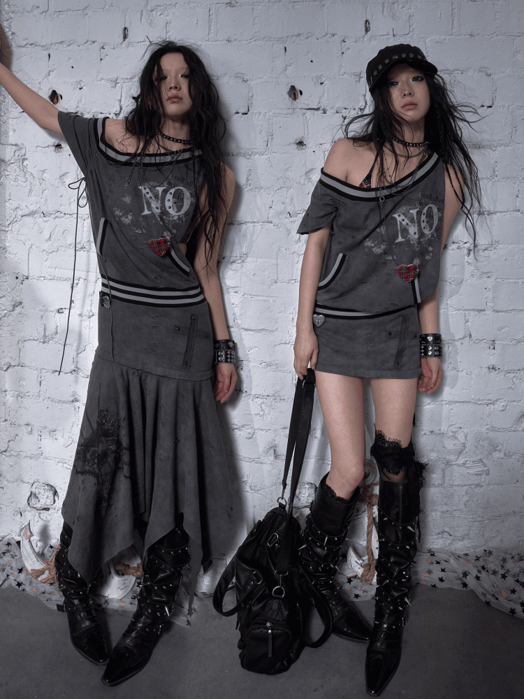Asymmetrical Neckline Gray/White Wasteland Punk Distressed Dress