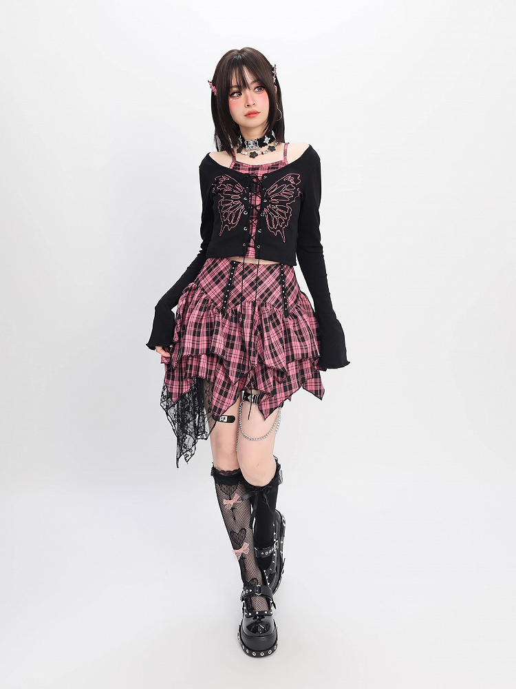 Top Faux Y2K Lace-up Front Butterfly Print Black Pink Plaid Two-pieces and