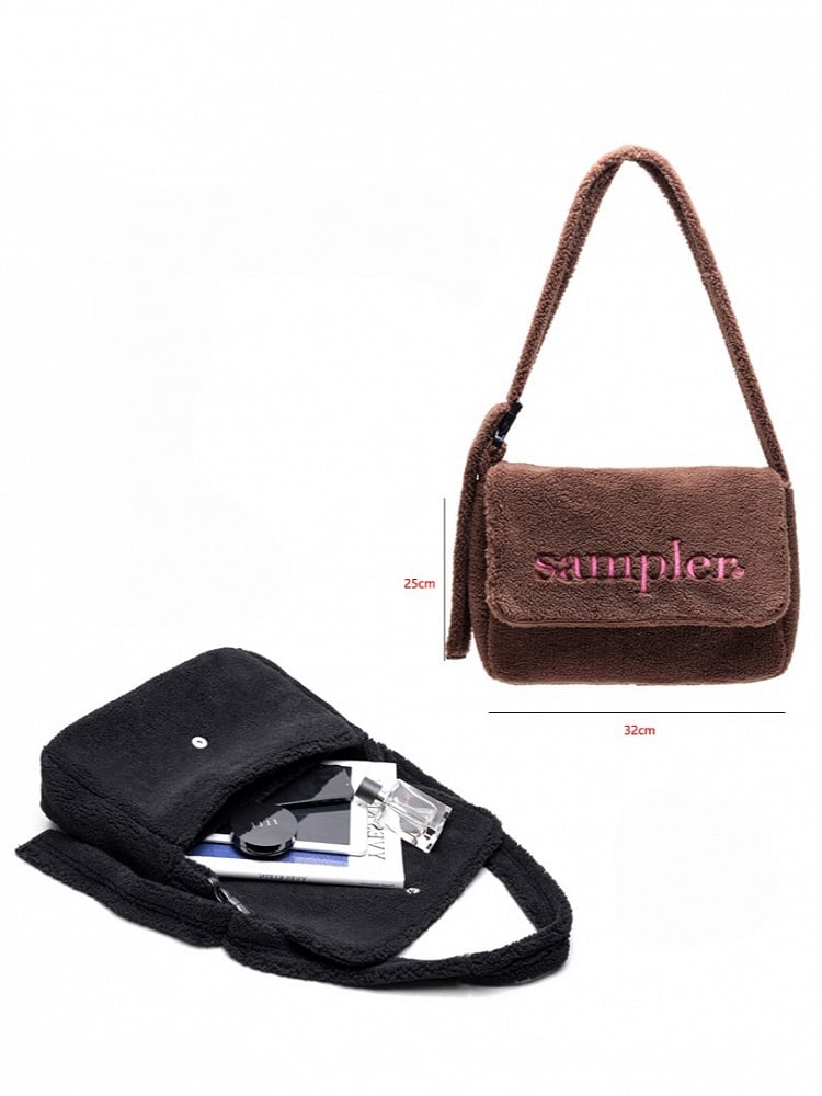Letter Embroidered Fuzzy Tote Bag With Adjustable Strap - Perfect For Fall And Winter Brown