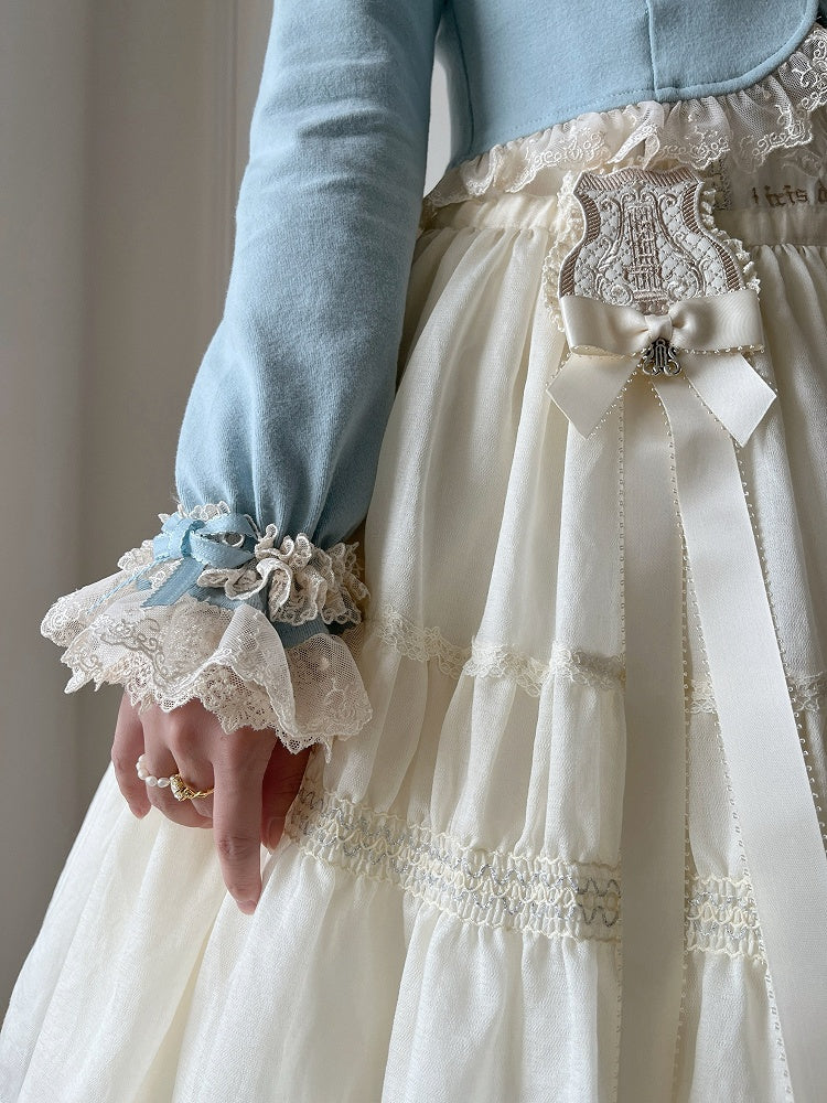 Autumn Trim Fashion Blue Accents Dusty Cropped Lolita Cardigan with Lace Bow and