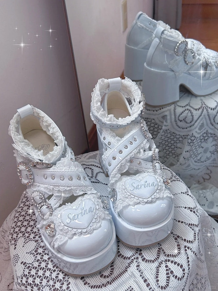 Details Platform Rhinestone Straps Jirai Lace Criss-Cross Kei with Heels: Kaiwai Light Blue Buckle Tenshi