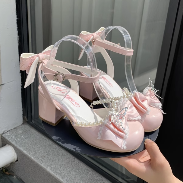 Pink Lolita Süße Silber Schleife Heels Block an Schuhe Verziert 6CM Top Butteffly Jane Mary