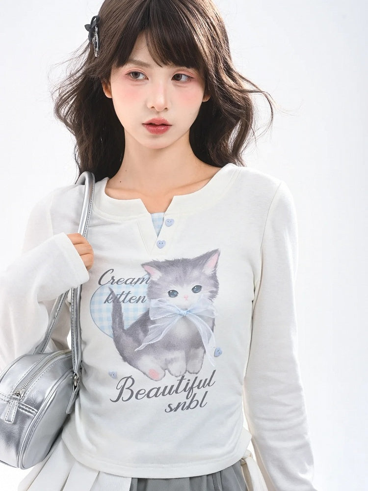 Adorable Cartoon Kitty Print Sweetheart Two-pieces Top Button Details White Faux