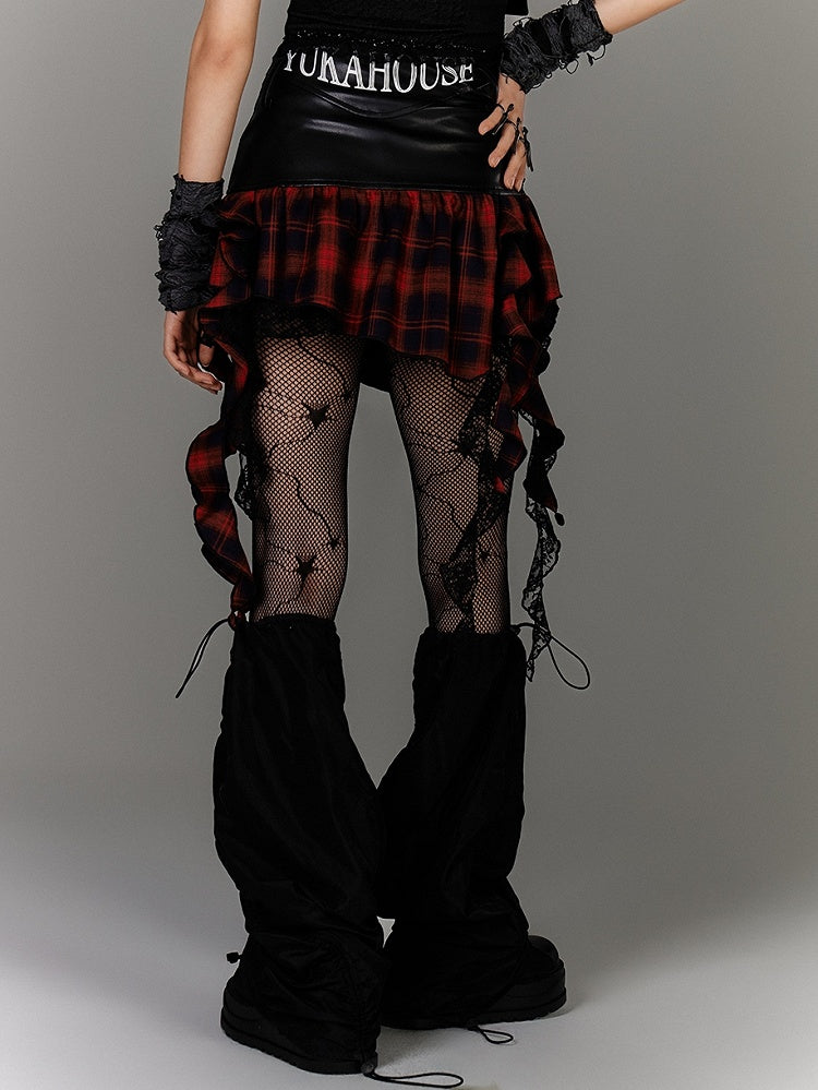 Ruffled Black PU Punk Skirt Hem Y2K Asymmetrical Red Plaid