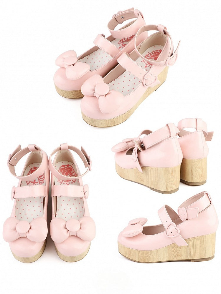 Platform - Shoes Top Buckles at Bow PU Sweet Heart Baby Pink