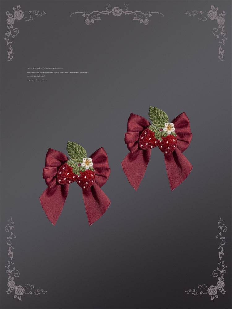 Wine Red Strawberry and Bow Cottagecore Country Lolita Hairclips