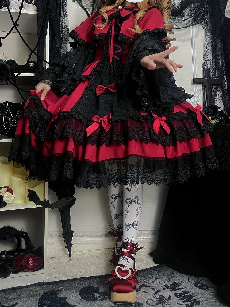 赤と黒のオールドスクールロリータファッションドレス蝶結びJSKセット
