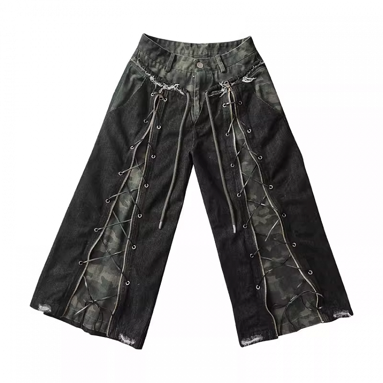Distressed Rock Straight-leg Jeans Punk Camouflage Lace-up Front