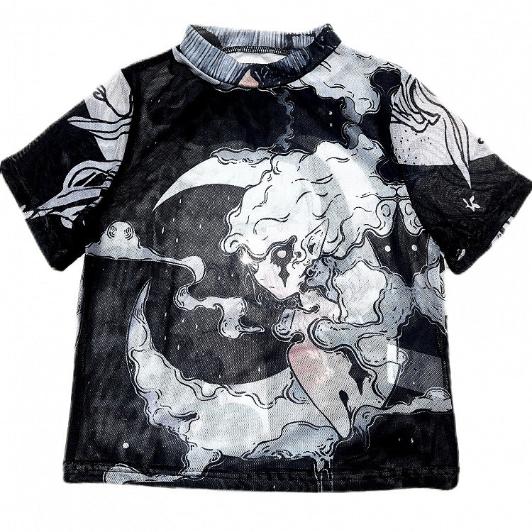 Print Cartoon Top Gyaru Sleeves Black Short Fashion