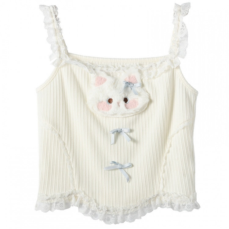 Bowknot Details Cami Top Plush Kitty Applique Ruffled Lace Trim White