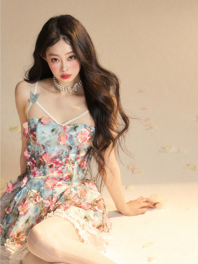 Accents Blue Oil Painting Print Floral Butterfly Slip Dress Ruffle Mini Trim and