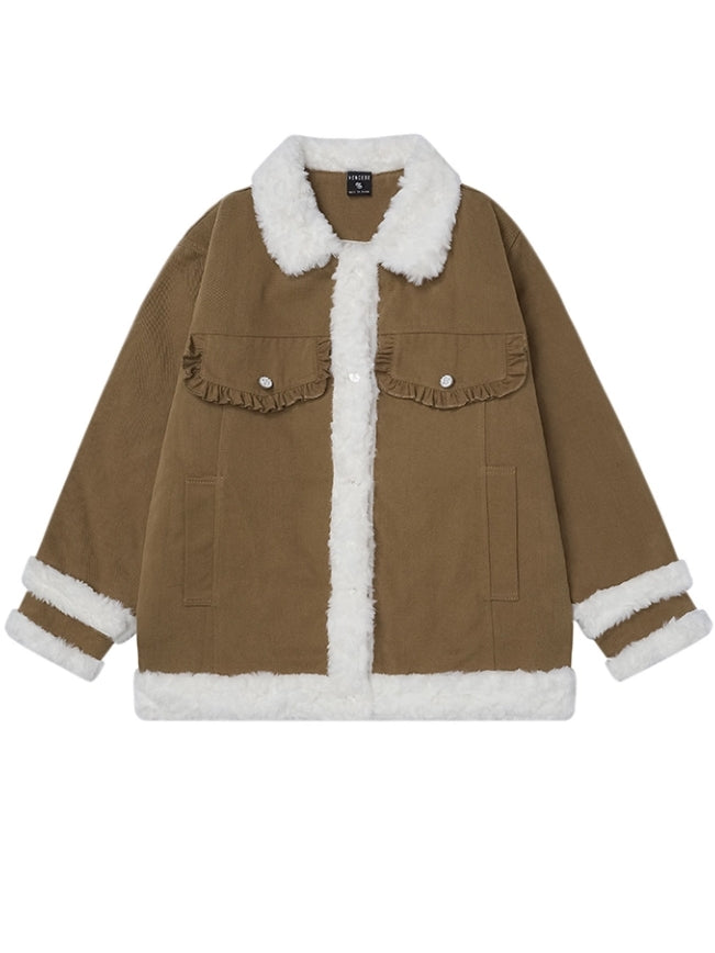 Pink/Camel Polo Collar Plush Trim Thick Jacket