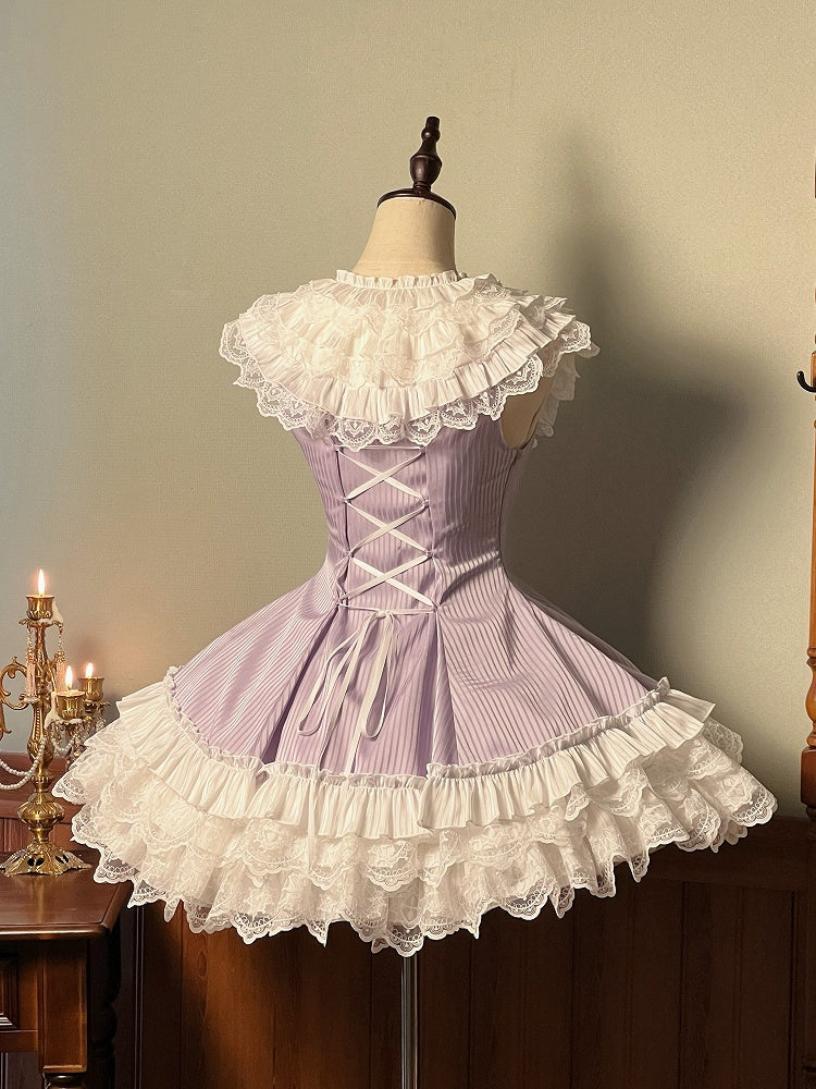 Dress Slim Sleeveless Striped Waist Purple Lolita Fabric Sweet Ruffle White Layered Neck Fit
