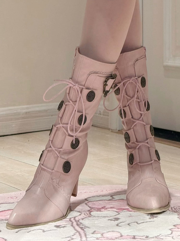 PU with Leather Toe Pointed Heels Lace-Up Lolita Sakura Mid-Calf Details Pink Design Boots Buckle -