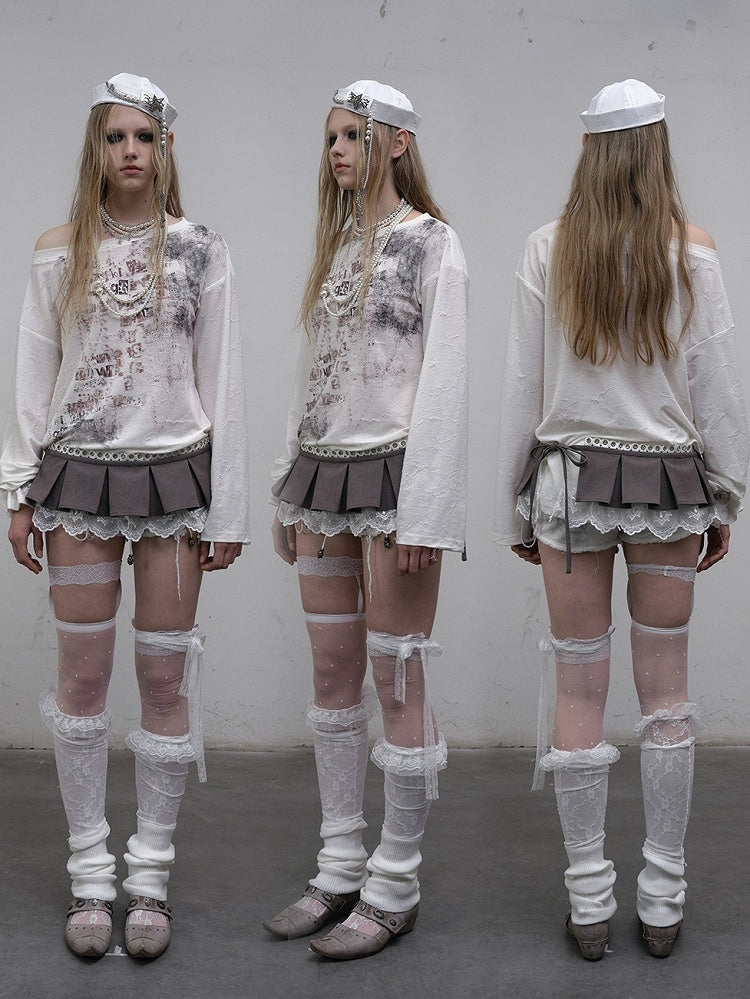 Wasteland Punk Letter Long Top Asymmetrical Blue/Beige Sleeves Neckline Print