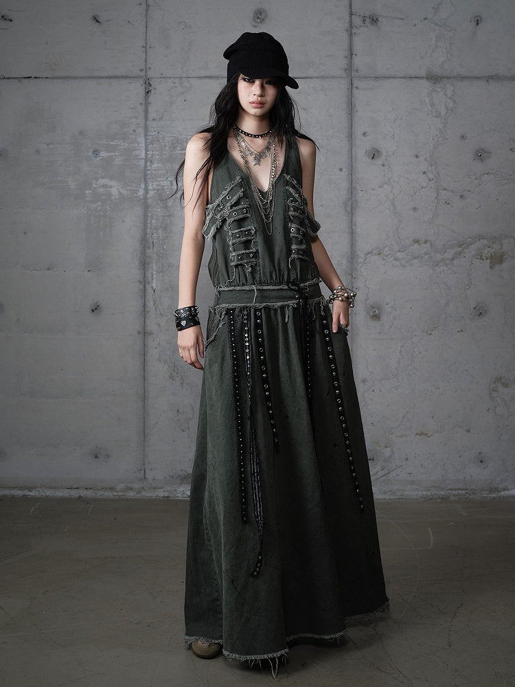 Metal A-Line Straps Punk Oversized Green Dress Edges Vest Eyelet Dark with Raw