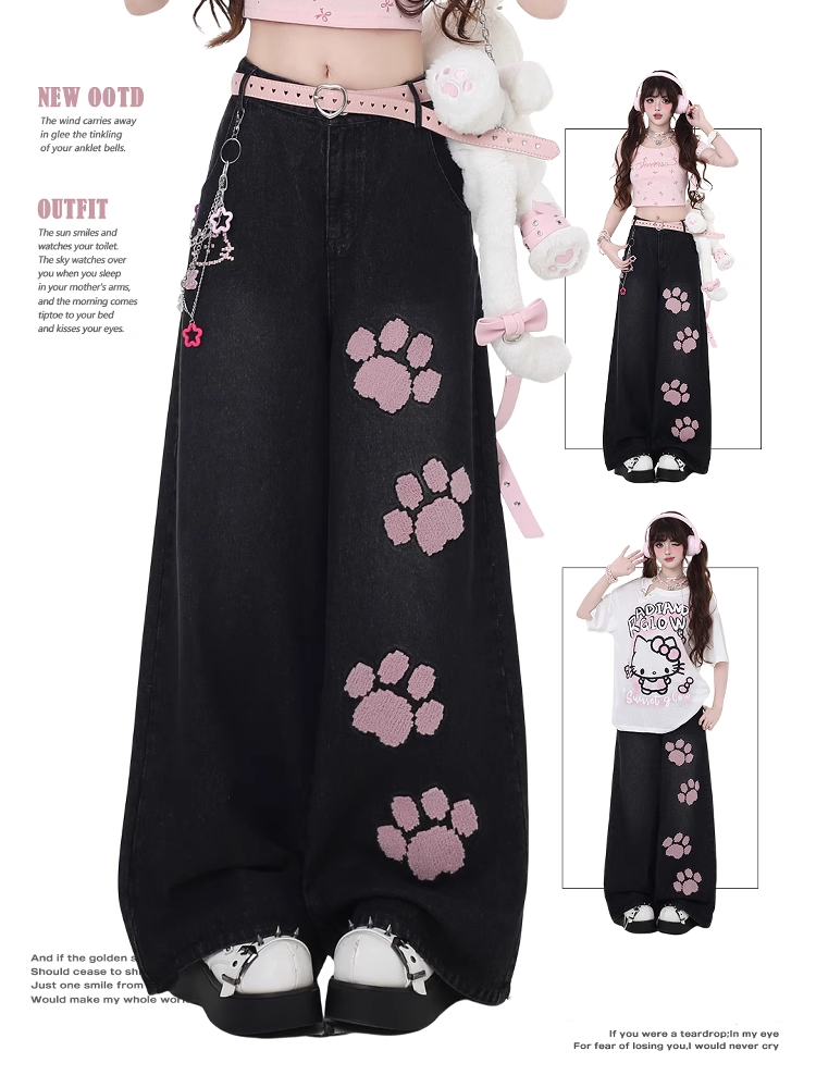Waist Straight-Leg Jeans Pink Paw Embroidery Black Low