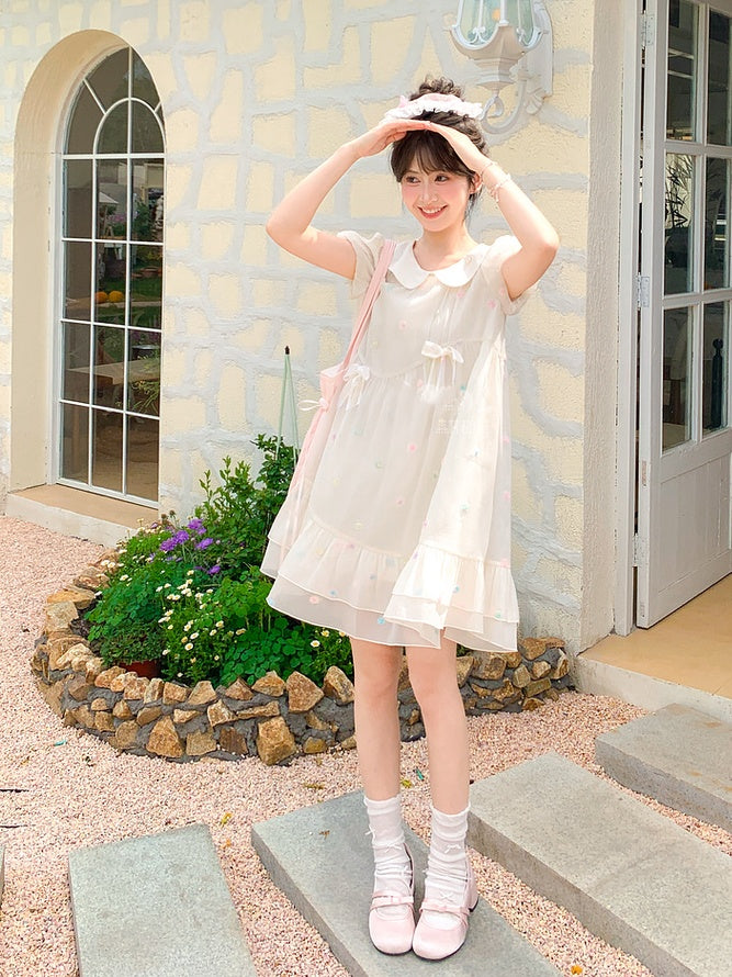 Pattern Colorful Polka-dot White Peter Pan Collar Puff Sleeves Chiffon Dress