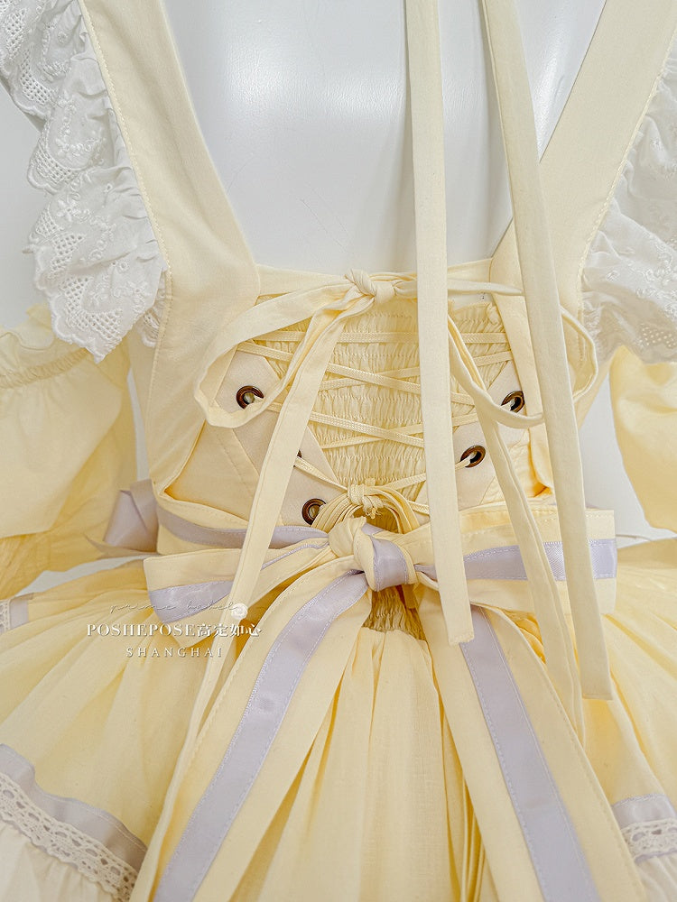 Yellow and Purple Sweet Maid Apron + Basque Waist Tiered Ruffles Hem Strapless Puffy Dress