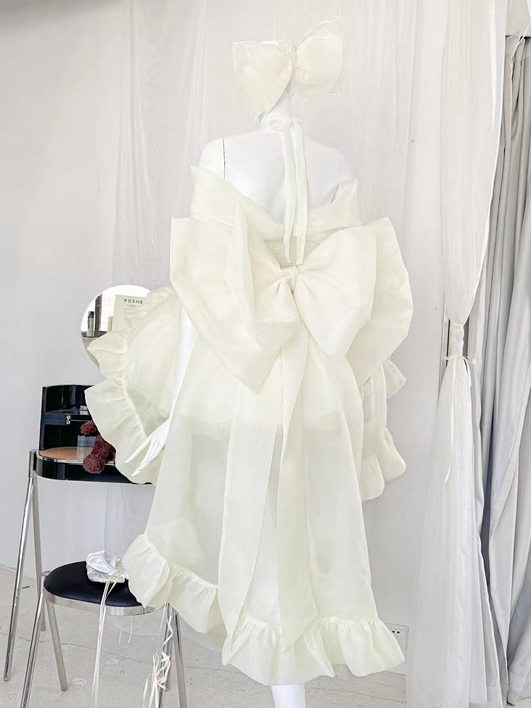 Robe d'anniversaire princesse jaune clair à taille basque et gros nœud