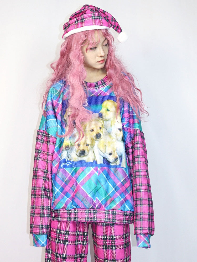Pink Gyaru Oversized Sweatshirt With Plaid Pattern And Puppy Print Fashion and Blue