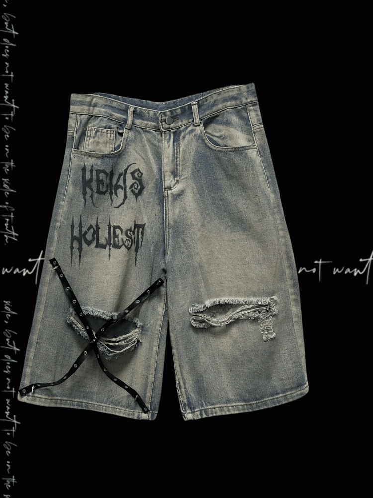 Blue Criss-cross Straps Design Distressed Holes Punk Jeans Y2K