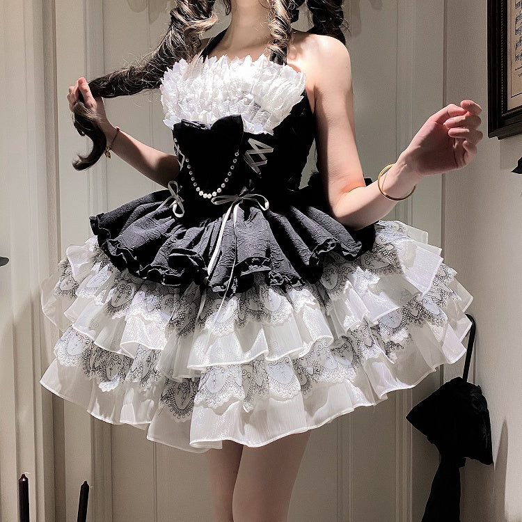 Balletcore Black Halter Dress Neck White Princess and Lolita