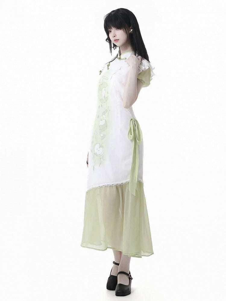 Banded Dress Qipao Collar Apple Print Cheongsam Style Buttons Green Knot