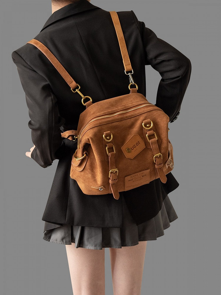 Belt Accents Vintage Brown 2-Way Backpack With