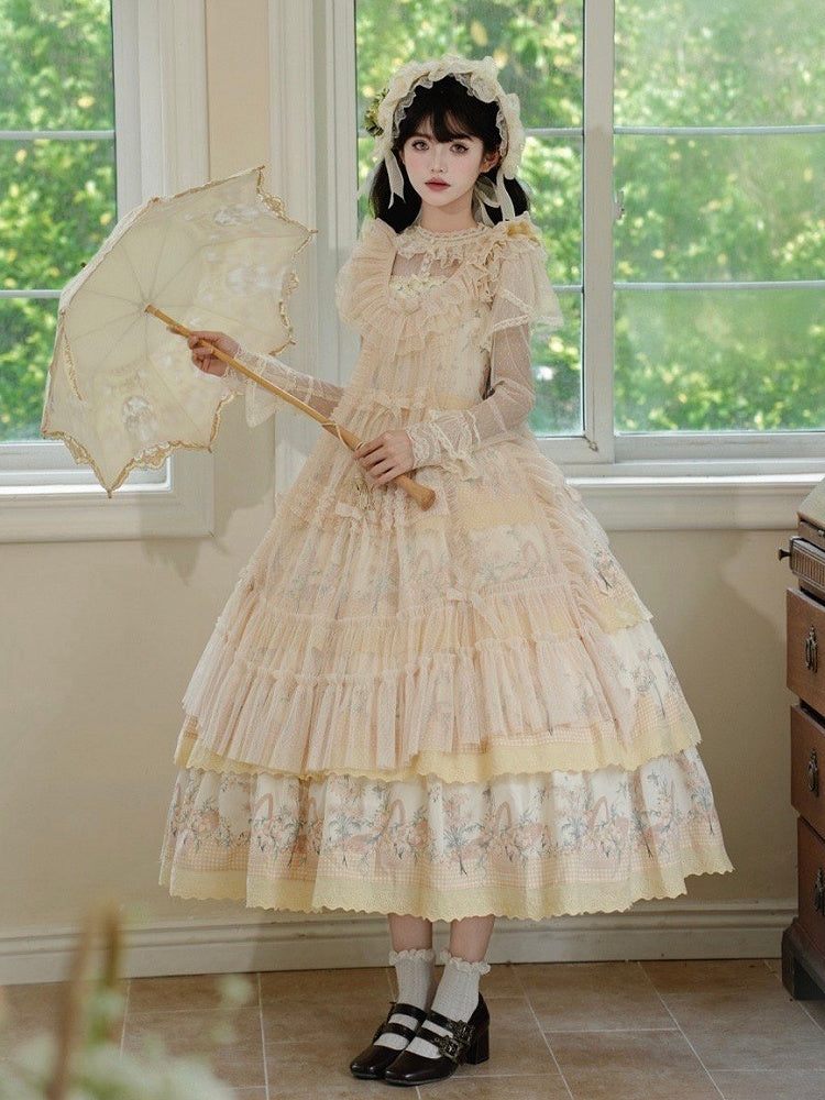 Lily Cherry – Gestuftes Blumenkleid, Lolita-Rock, Pullover, Gelb und klassischer Aufdruck