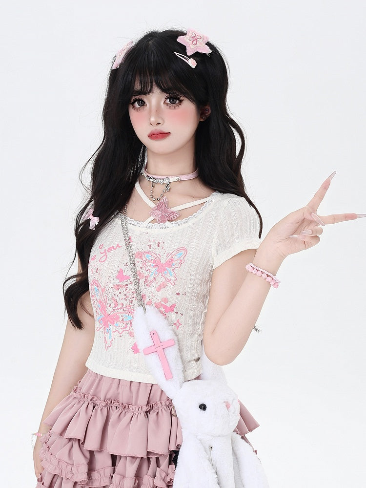 Butterfly Print Cropped T-Shirt Black/Apricot