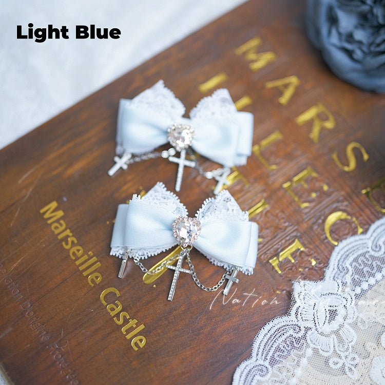 5 Heart Rhinestone Lace Trim Jirai Kei Bow Hairclips Chain Colors Cross