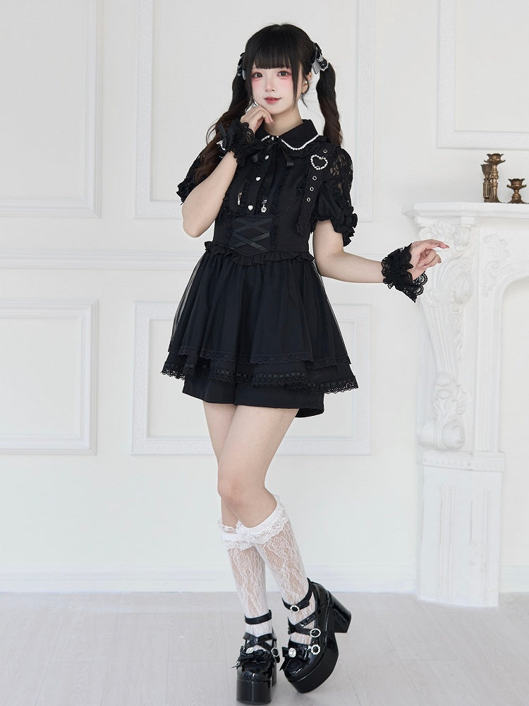 Jirai Kei – Schwarz/Weiße Bluse mit kurzen Ärmeln und Perlenkragen