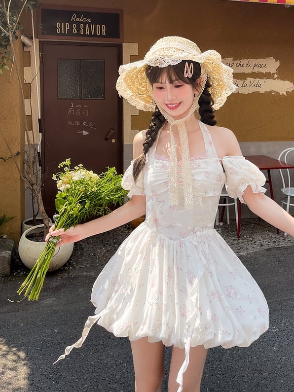 Waist Sweet White Puff Sleeves Basque Halter Neck Floral Dress