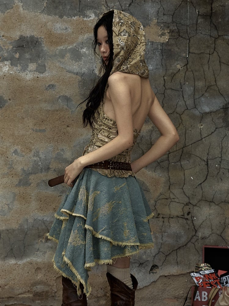 レタードカーキトップデニムハンカチスカートパンクフード付きドレス