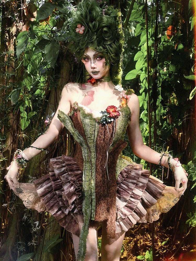 and Branch Corset Brown Forest Green Goth Fairy Asymmetrical Design