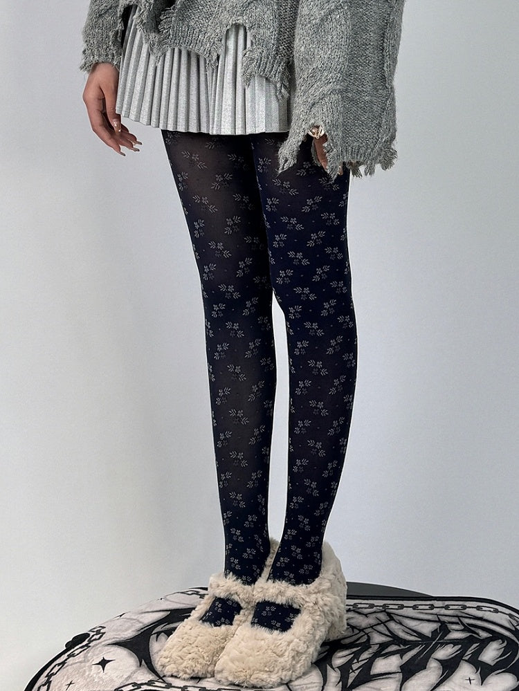 Dunkelblaue Strumpfhose mit Blumenmuster
