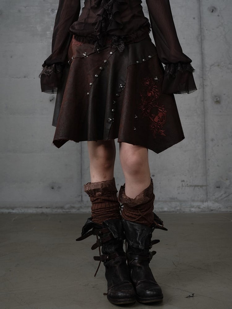 Asymmetrical Skirt Punk Reddish with Embroidery Wasteland Hem Brown Floral Suede