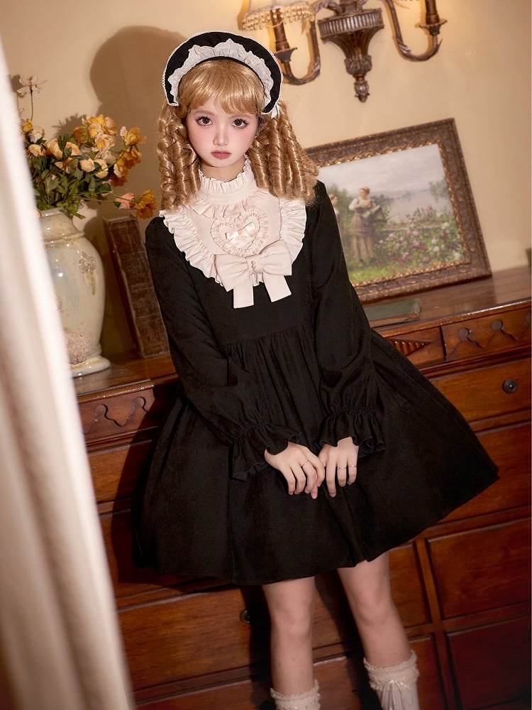 Beige Ruffle Neckline Black High Waist Long Balloon Sleeves Lolita Dress Short Version
