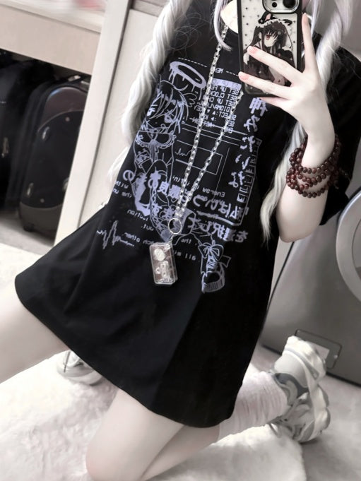 Jirai Black/White Round Neck Cyberpunk T-Shirt Print Kei Angel Cotton