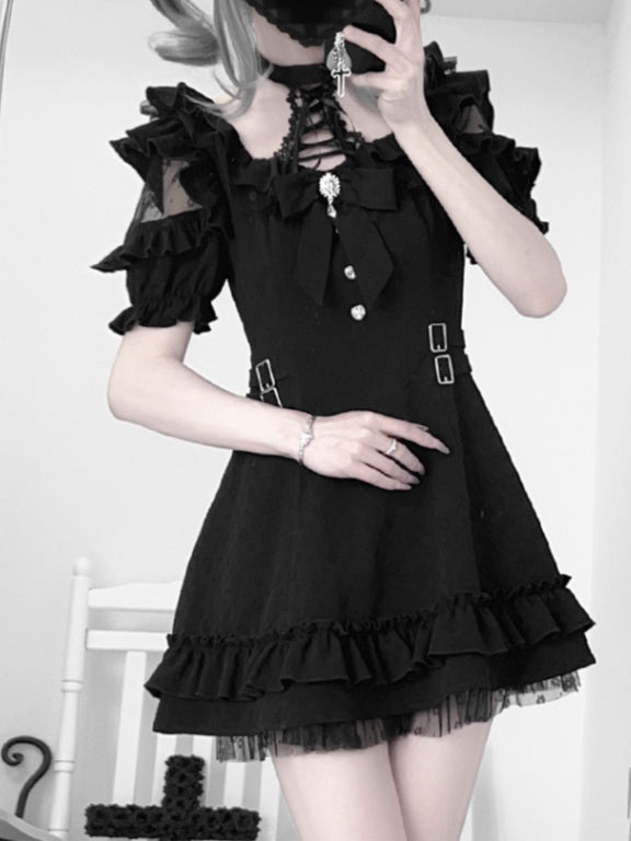 Detail Lace-up Jirai Kei Halter Neck Dress with Bow Black Tie