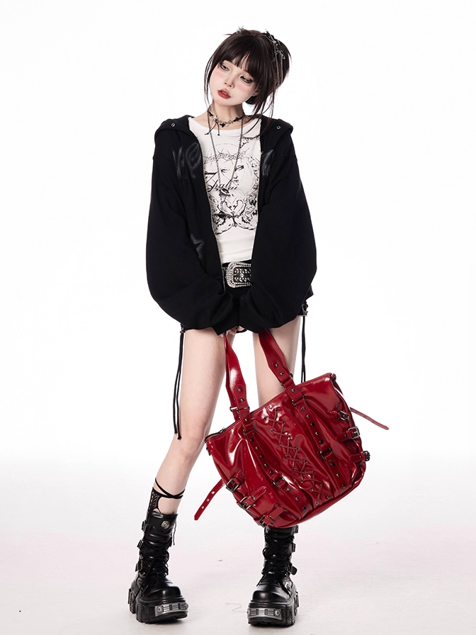 Autumn for Black Letter and Star Print Zip-up Hoodie