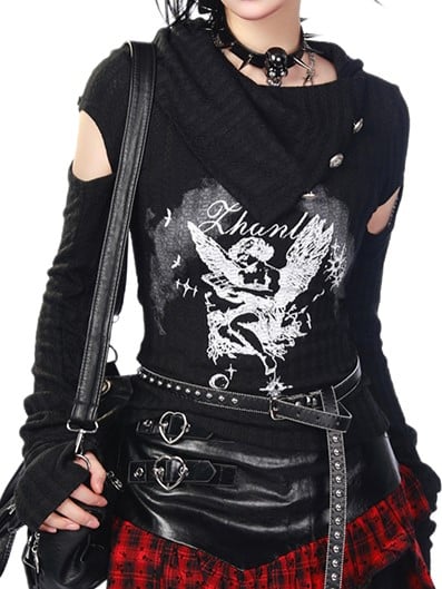 Dark Aesthetic Black Knit T-shirt with Angel Print