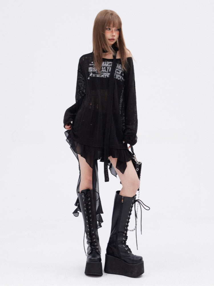 Scarf Free Printed Knitted Top with Black Asymmetrical Hem Hollow-out