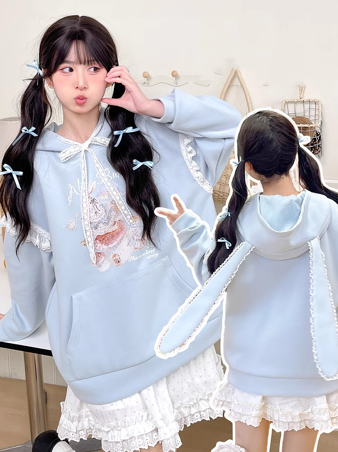 Yume Kawaii Blue Bunny Ear Hood Rabbit Print Hoodie