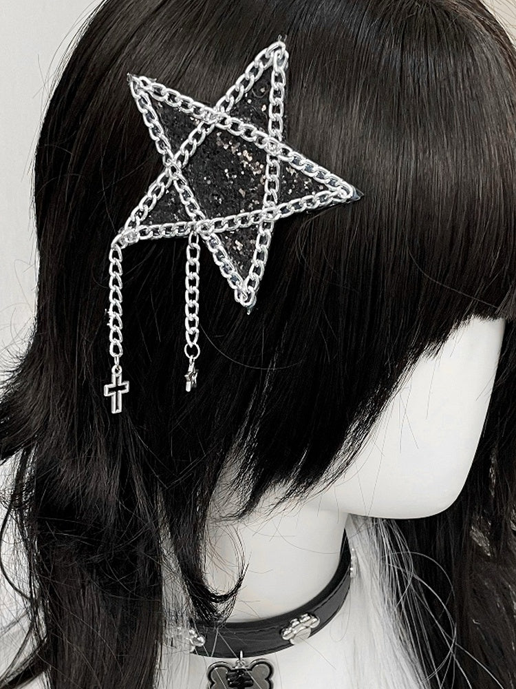Rhinestone Black/Pink Cross Hairclip Charm Star